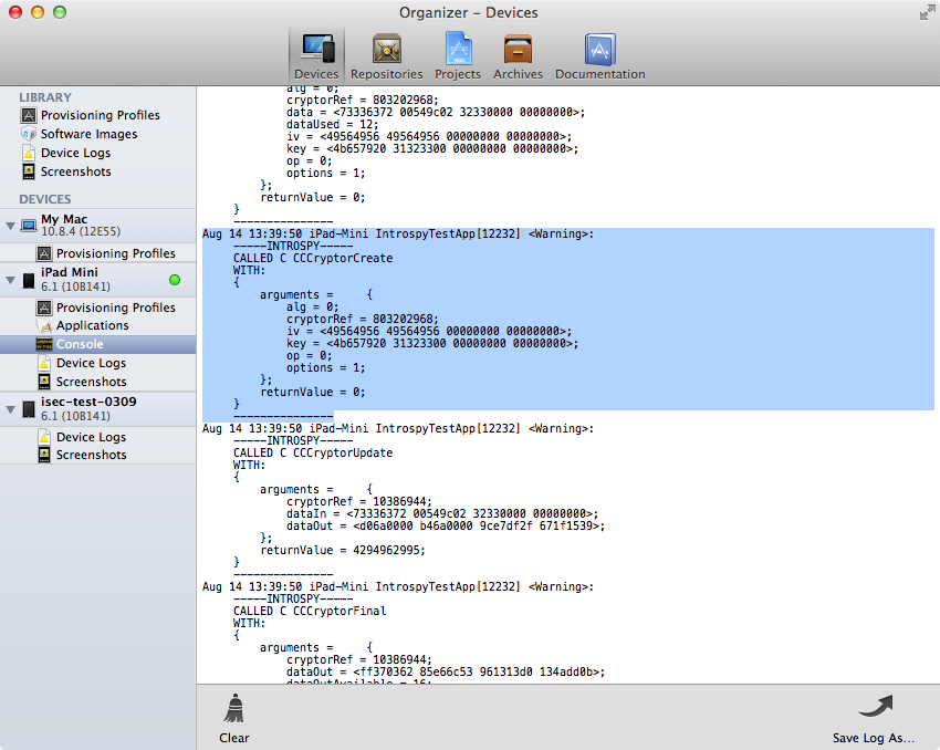 xCode console