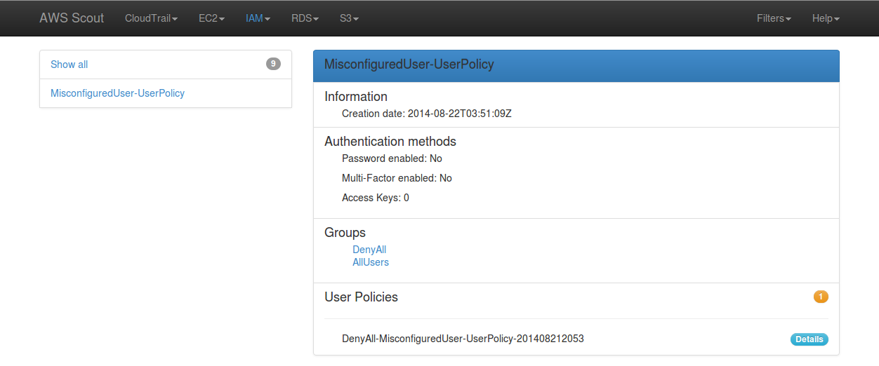Screenshot: Orange badge indicating that at least one user policy is attached to that IAM user